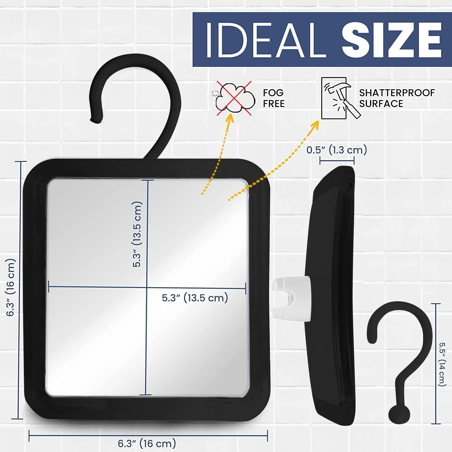 MIRRORVANA mirror next to toiletries showing 6.3 by 6.3 inch scale and portability