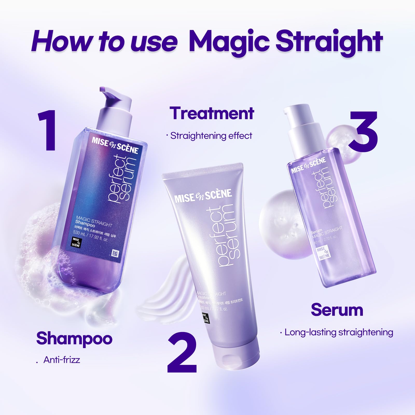 Mise En Scene applying serum to damp hair to protect before blow-drying