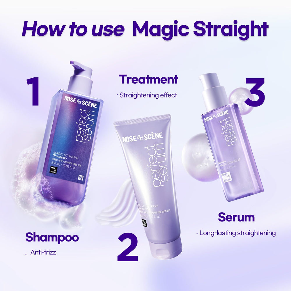 Mise En Scene applying serum to damp hair to protect before blow-drying
