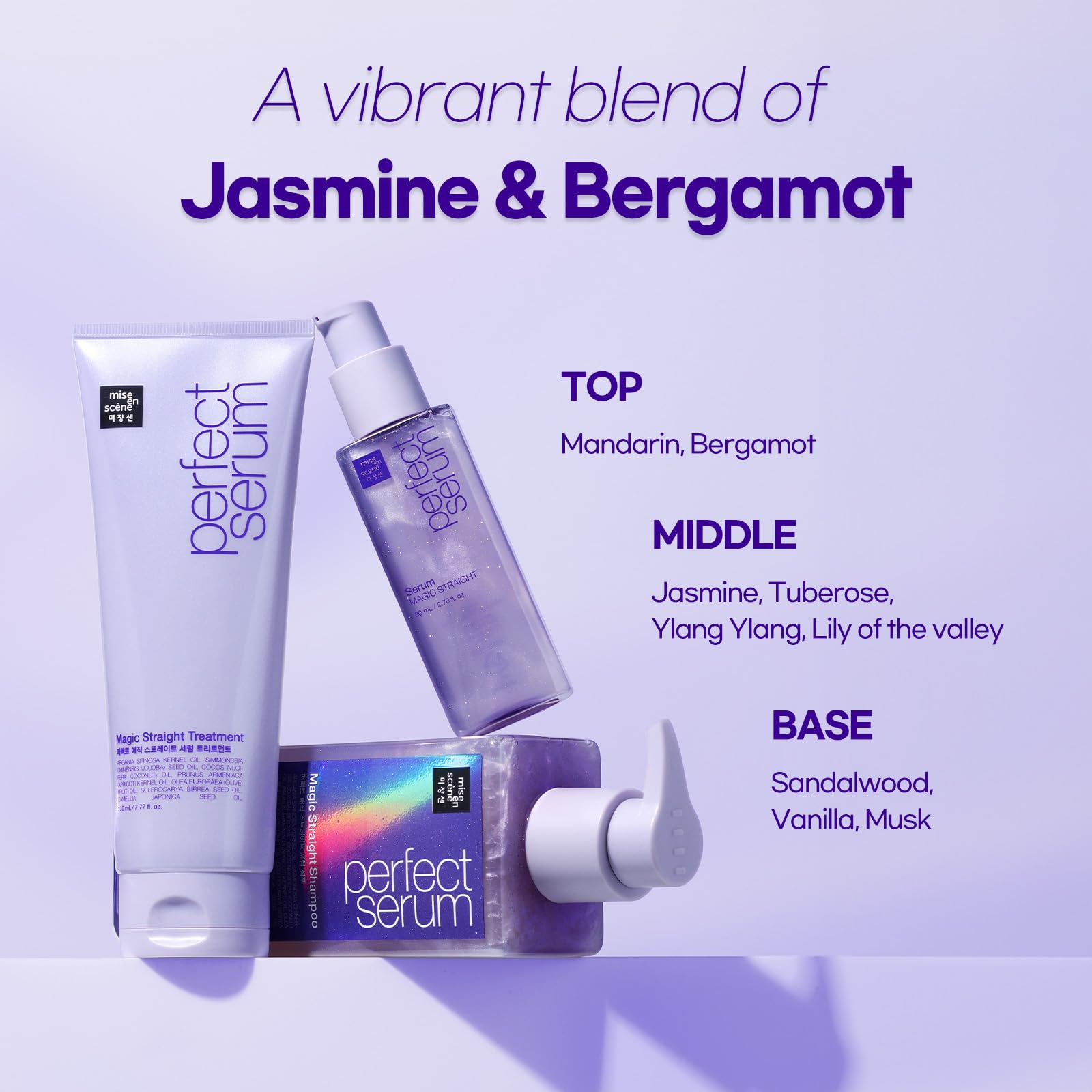 Mise En Scene bottle label highlighting fragrance and ingredient benefits