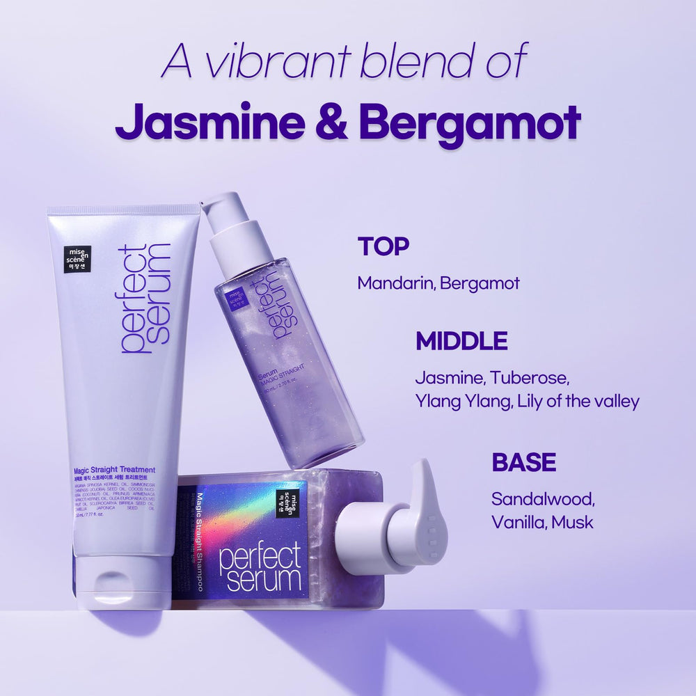 Mise En Scene bottle label highlighting fragrance and ingredient benefits