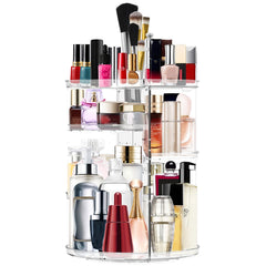 MISERWE front view of clear rotating organizer showing neat cosmetics and easy access