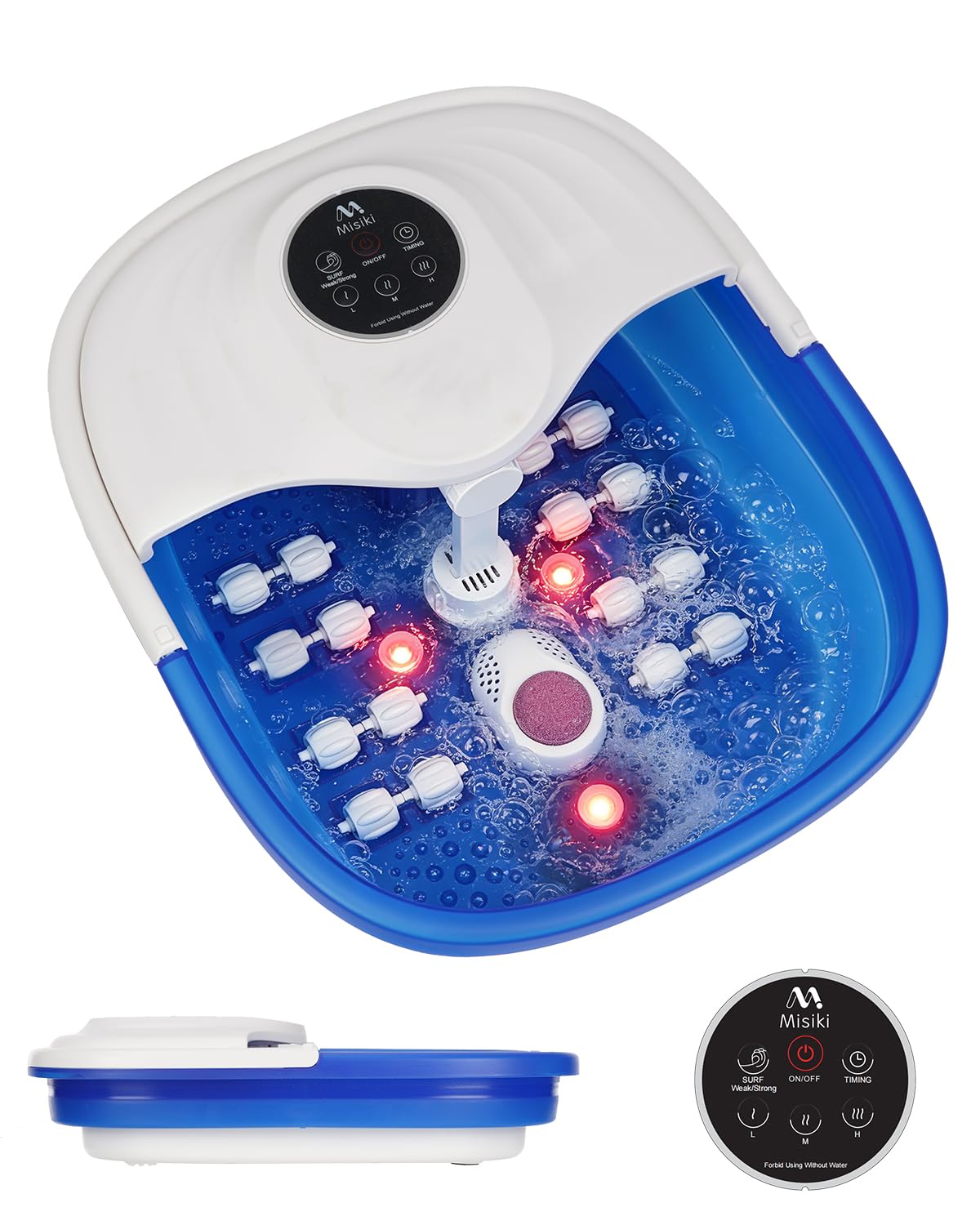 Misiki foot spa front view showing controls and royal blue finish for easy home use