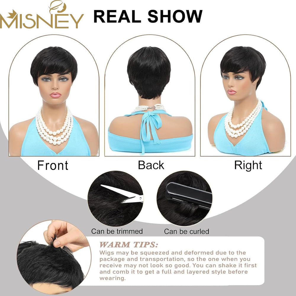 MISNEY side profile of short pixie wig demonstrating layered cut and polished look