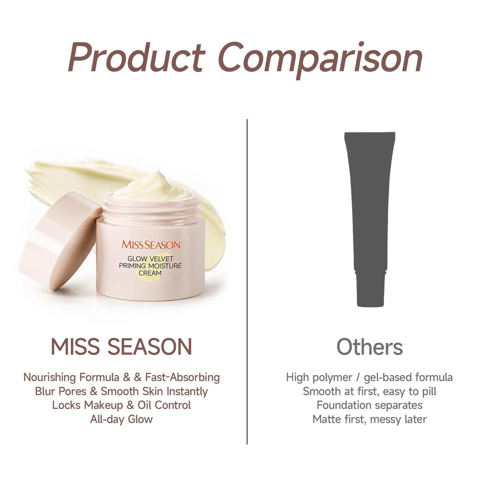 Miss Season ingredient display with hyaluronic acid and centella for hydration and calming benefits