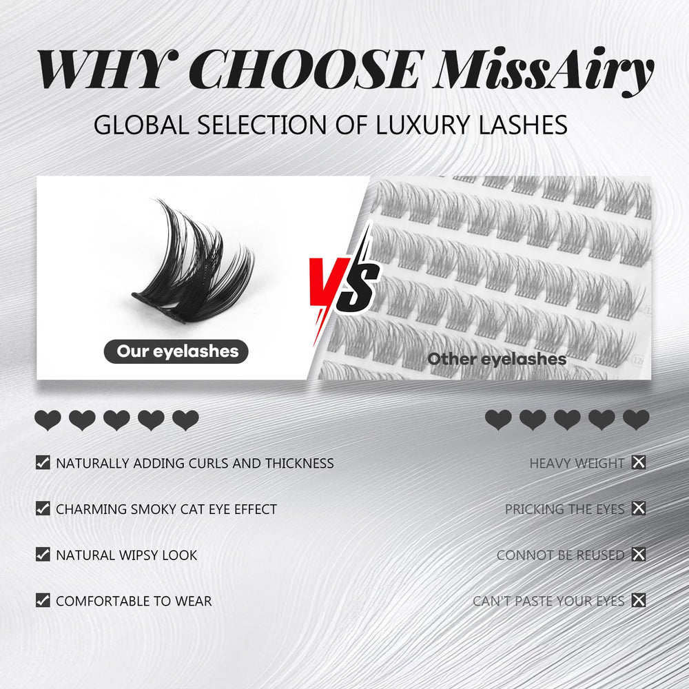 MissAiry lash clusters next to a ruler to show 8–14mm length range for precise styling
