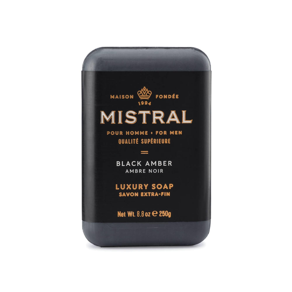 Mistral soap front packaging showing elegant bottle look and bold amber scent benefit