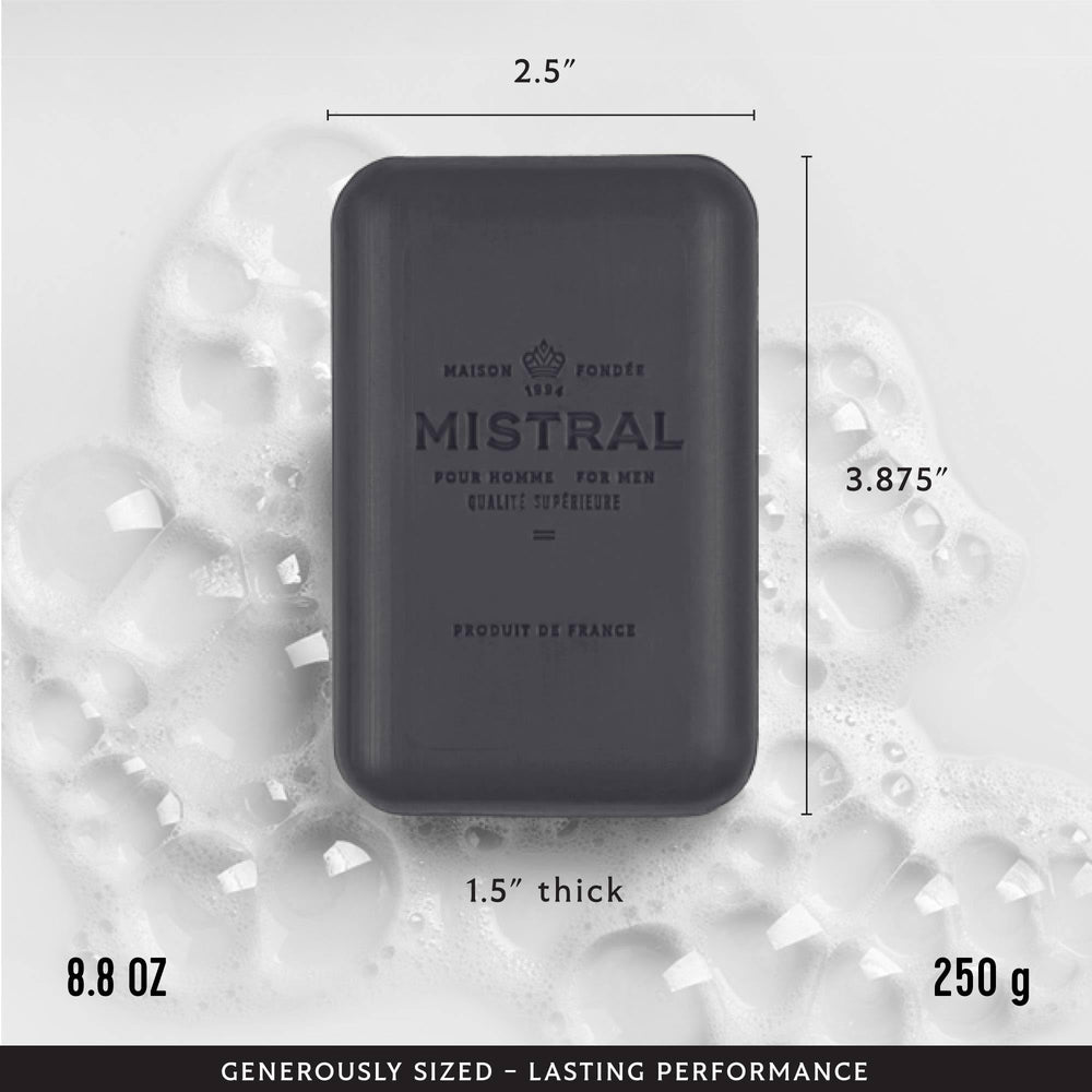 Mistral soap rich lather in hand demonstrating moisturizing cleanse benefit