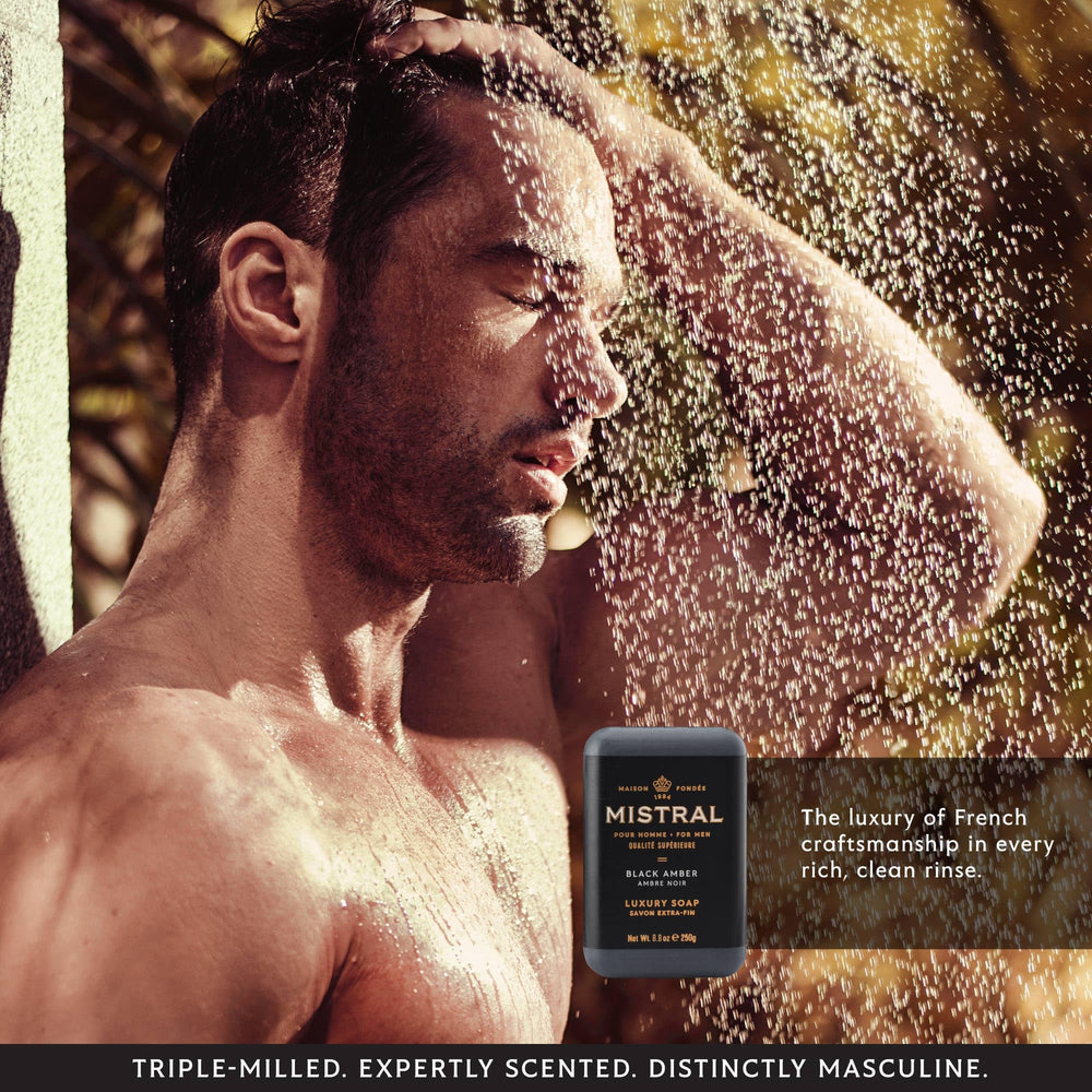 Mistral soap on bathroom shelf with towel showing premium grooming ritual benefit