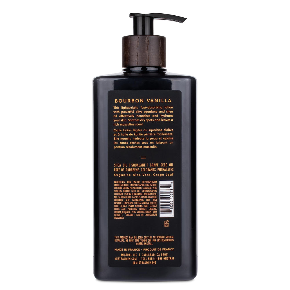 Mistral label close-up highlighting Bourbon Vanilla scent and quality
