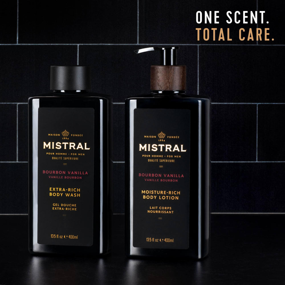 Mistral bottle in outdoor setting conveying a warm masculine fragrance