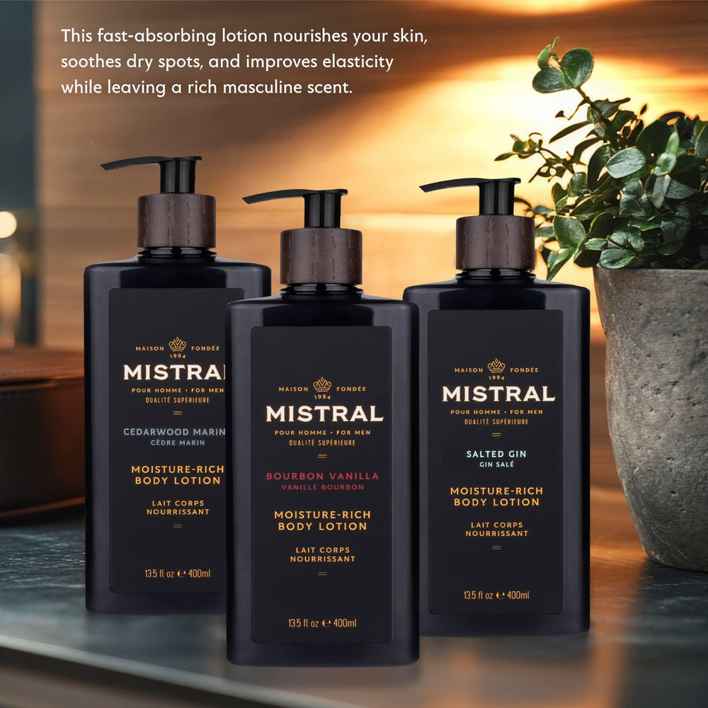 Mistral lotion dispensed to show lightweight texture and fast absorption
