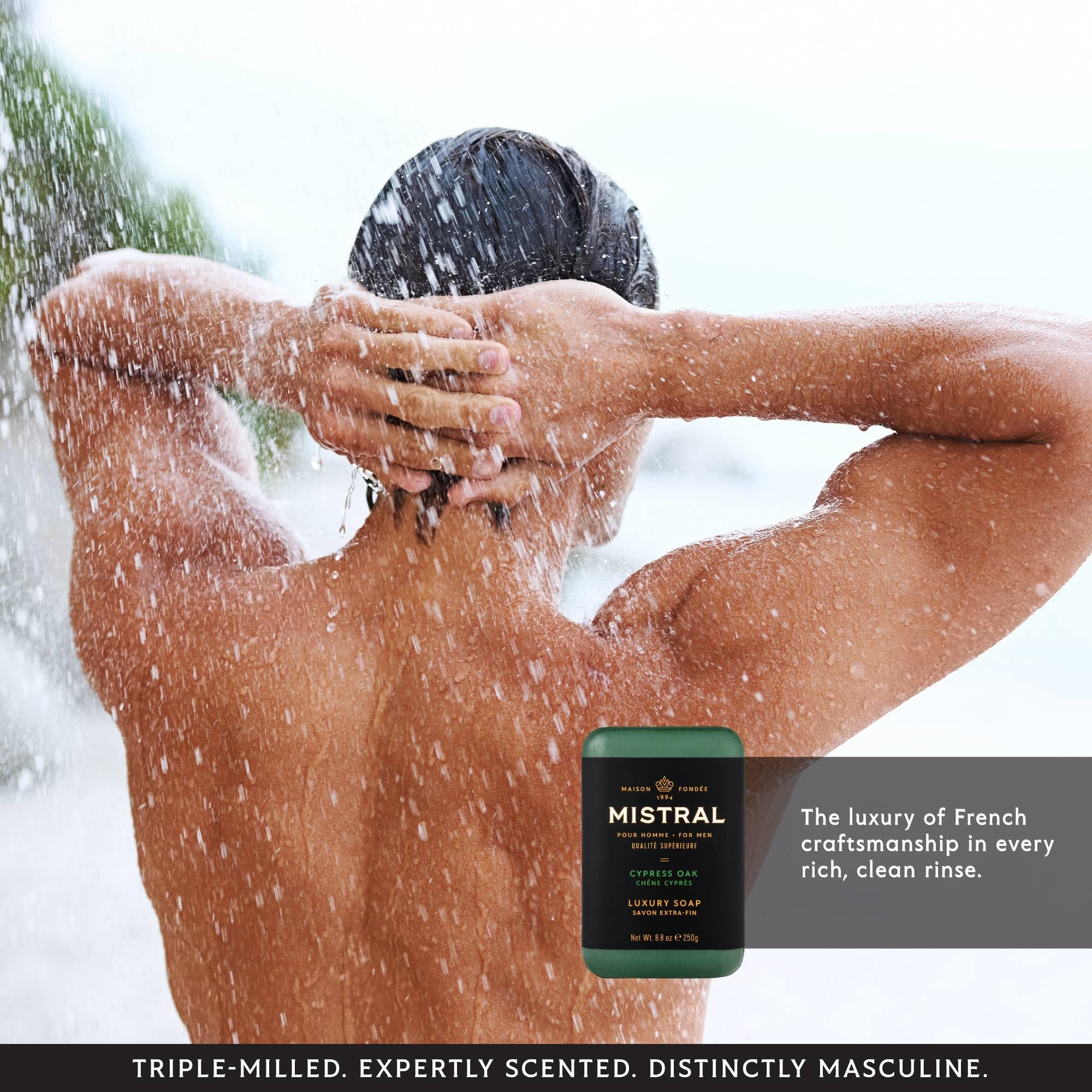 Mistral soap on bathroom shelf in lifestyle scene suggesting refined daily ritual