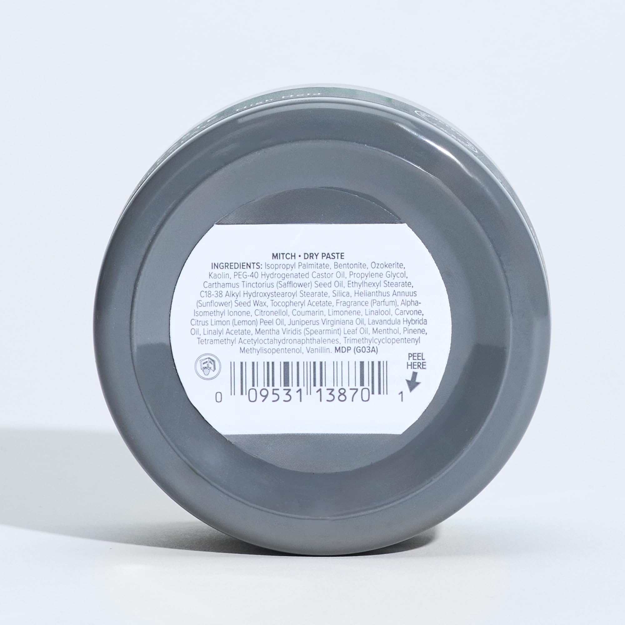 Jar label showing PCR packaging details on MITCH paste, emphasizes sustainable packaging benefit