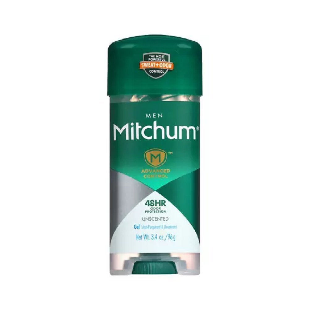 Mitchum unscented gel front packaging showing brand and 3.4 oz size for reliable protection