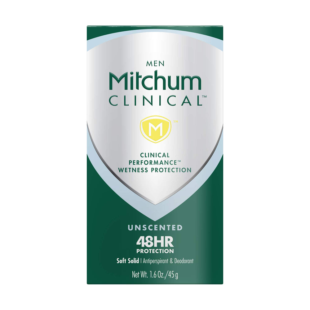 Mitchum Clinical front packaging showing unscented label and 1.6 oz size for confidence