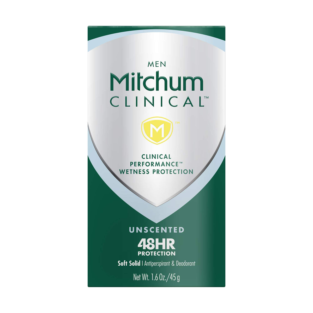 Mitchum Clinical front packaging showing unscented label and 1.6 oz size for confidence