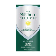Mitchum Clinical front packaging showing unscented label and 1.6 oz size for confidence