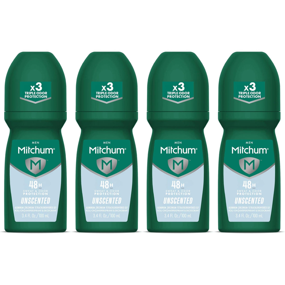 Mitchum roll-on front packaging showing label and unscented benefit