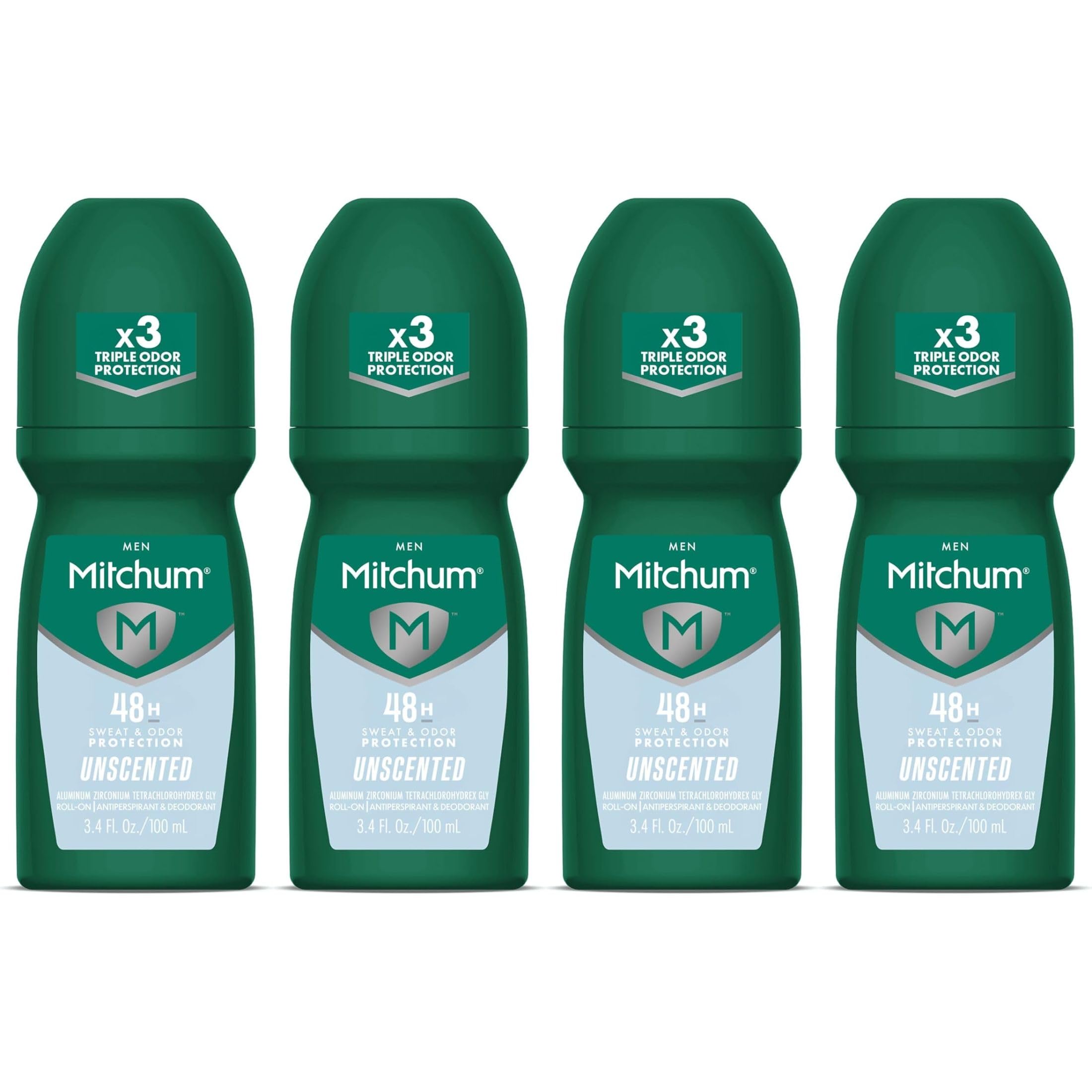 Mitchum roll-on front packaging showing unscented label and size benefit