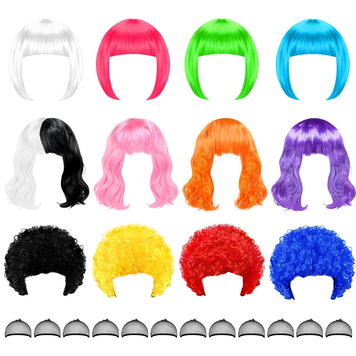 MIUSKATL front packaging showing 12 colorful wigs and included caps for quick party styling
