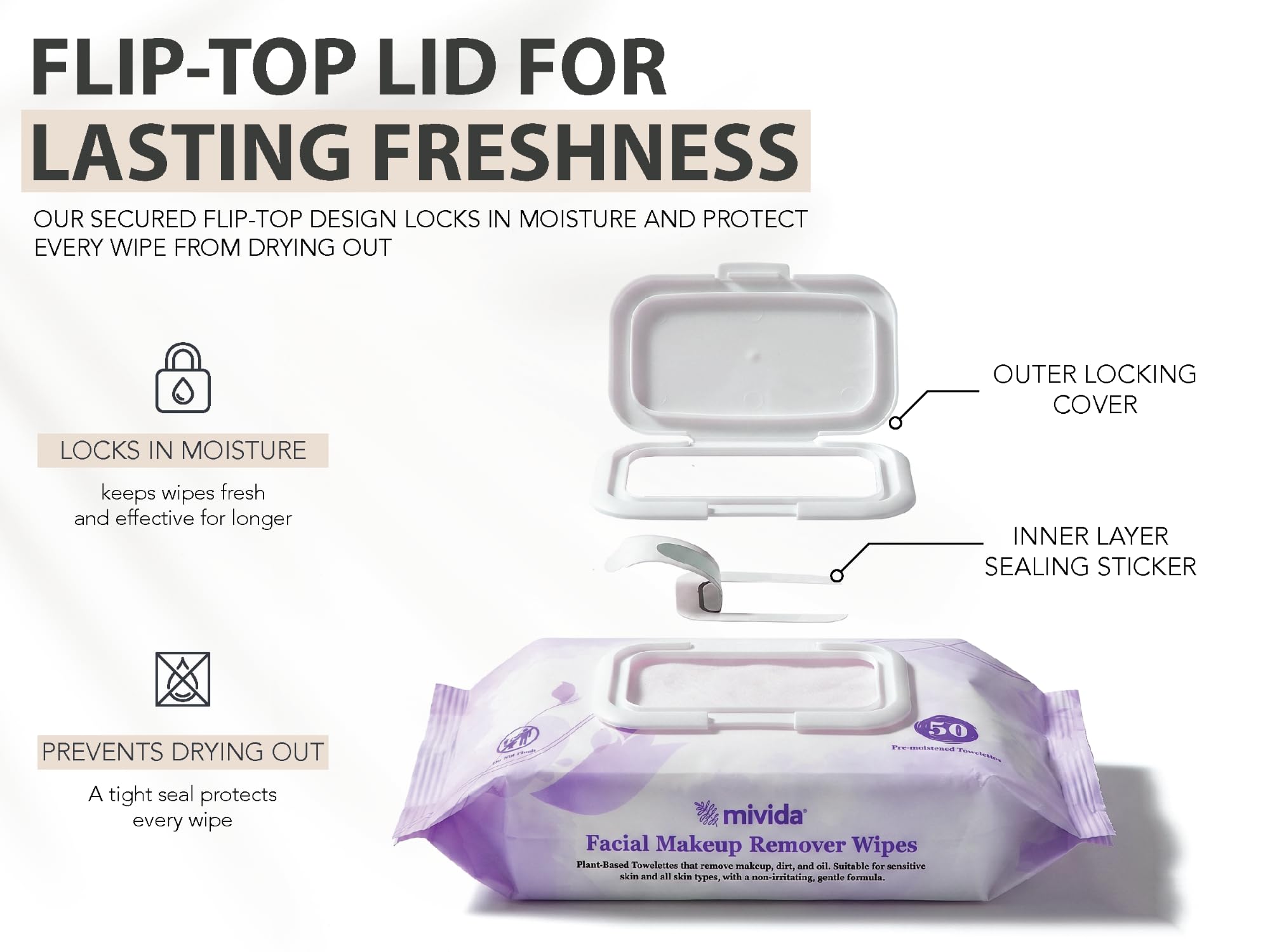 mivida flip-top lid detail emphasizing resealable freshness and spill prevention
