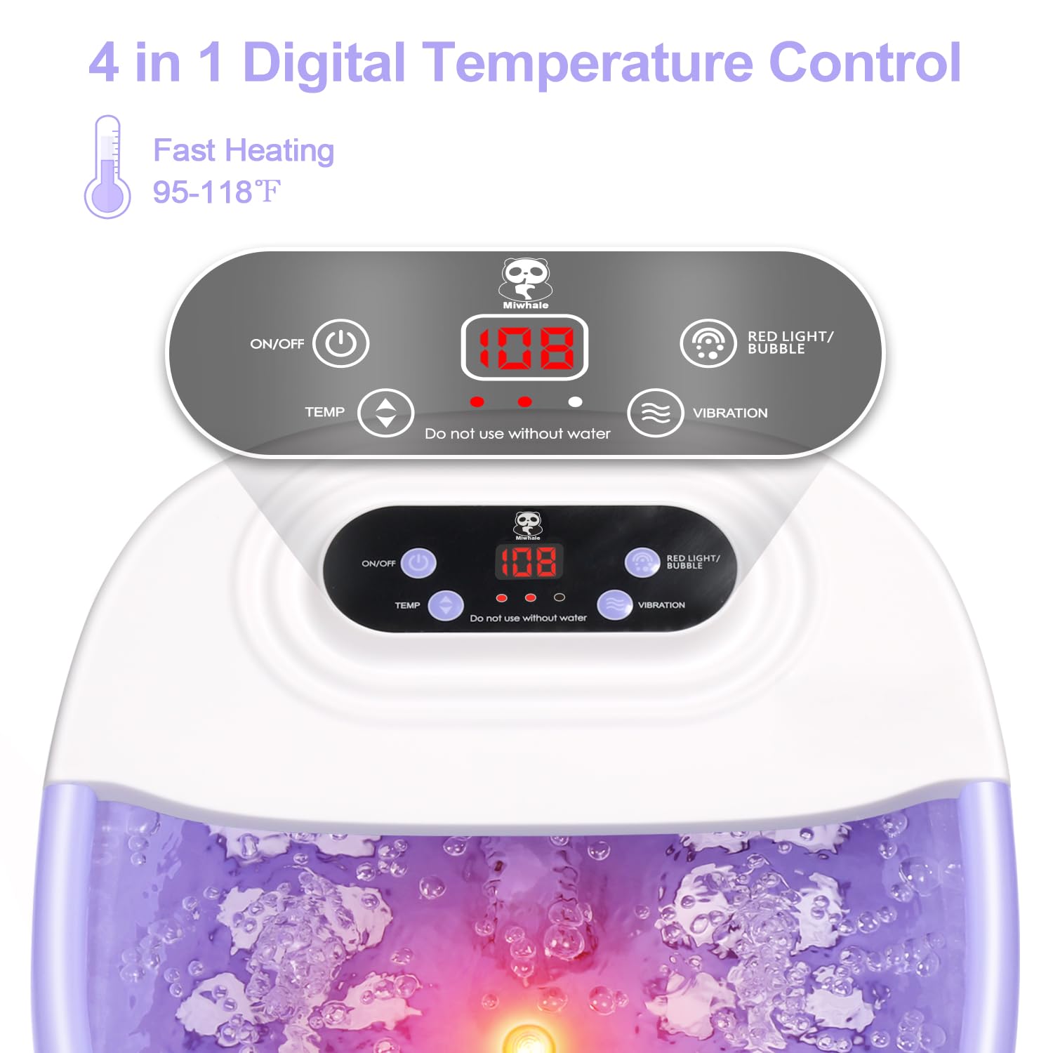 Miwhale foot spa control panel close-up for easy temperature and mode selection