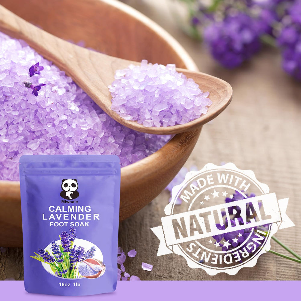 Miwhale lavender foot soak bottle with Epsom salt for calming aromatherapy soak