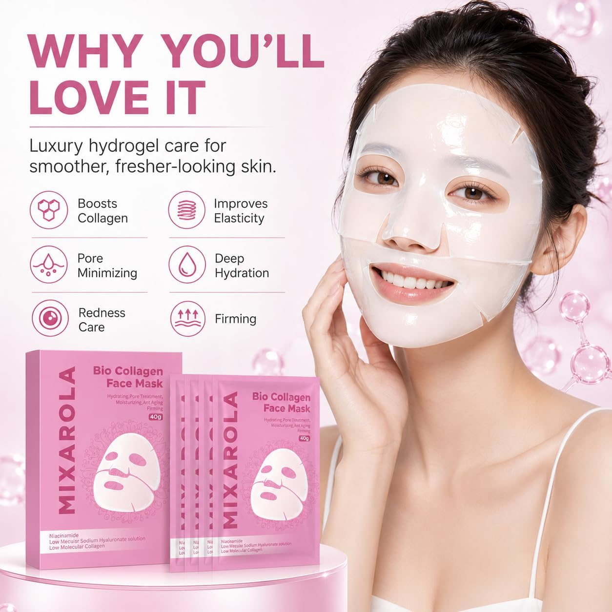 MIXAROLA mask on model during nighttime routine demonstrating lightweight comfort