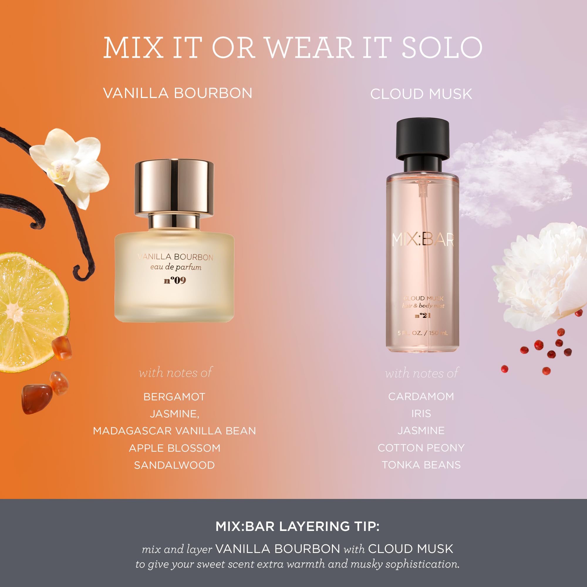 MIX:BAR hair and body mist bottle beside perfume to boost and refresh fragrance
