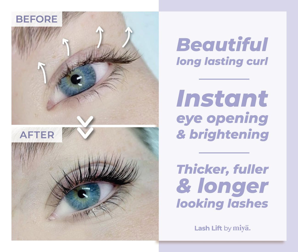 MIYA LASH before and after lashes and brows showing noticeable lift and shape