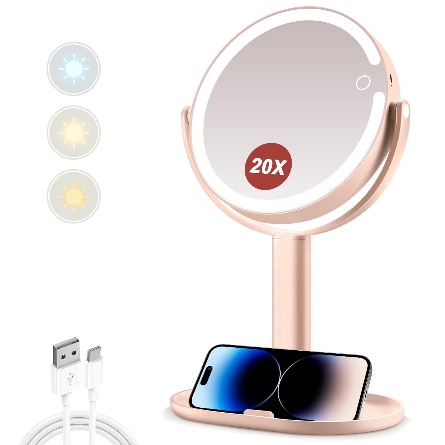 MIYADIVA front view lighted mirror showing bright LEDs and dual-sided benefit