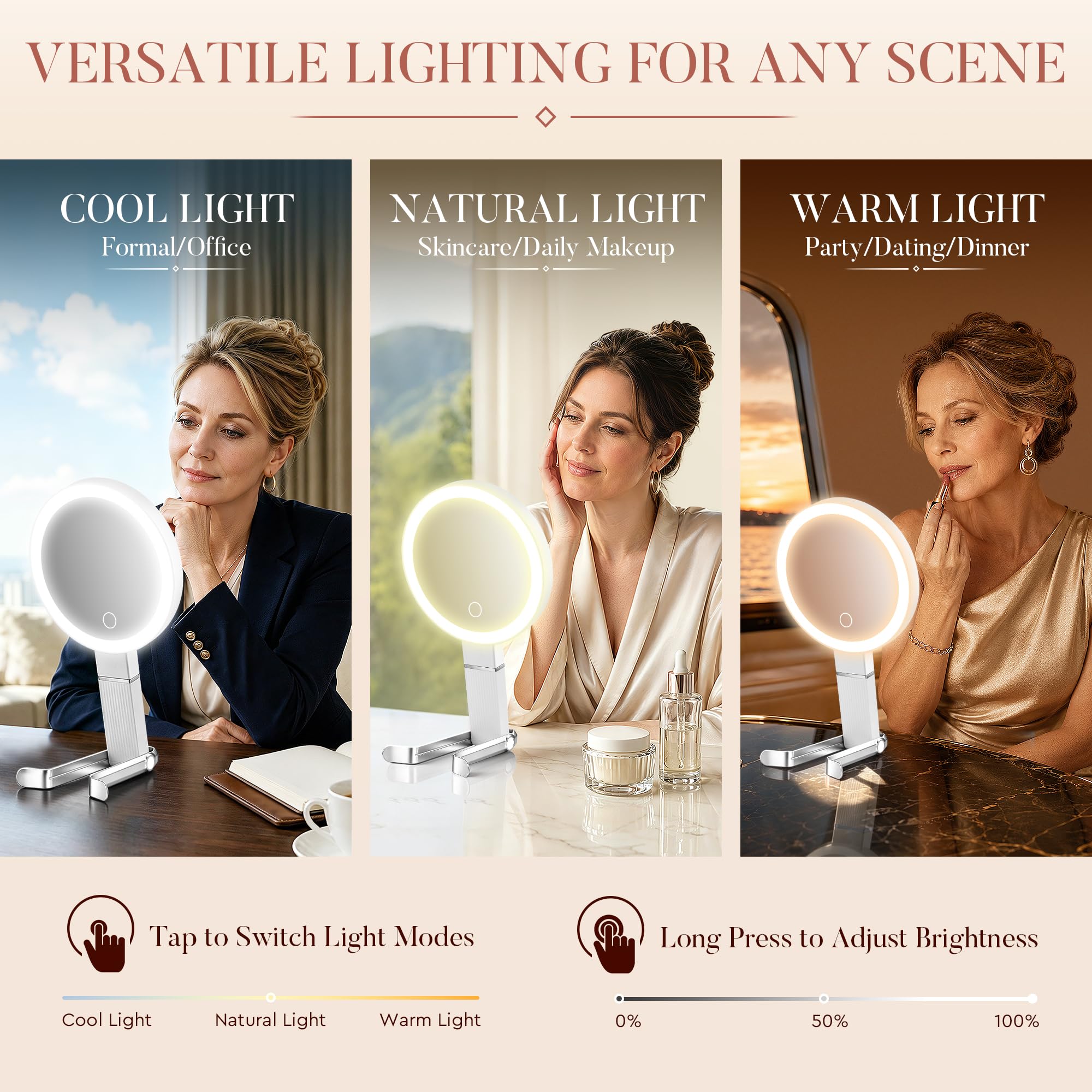 MIYADIVA mirror tilted to show telescopic height adjustment for ergonomic use
