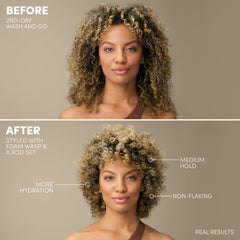 MIZANI applied on curly hair demonstrating defined, frizz-controlled curls
