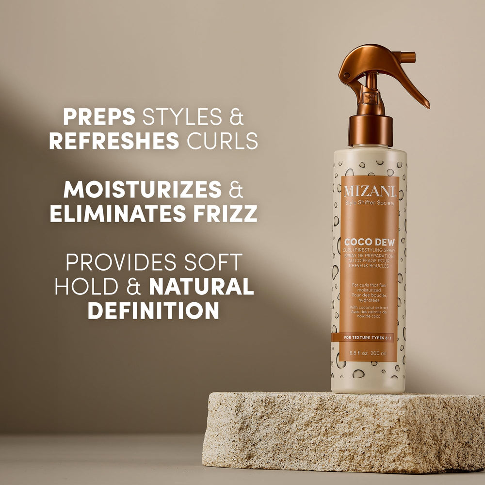 Mizani Coco Dew mist spray close-up illustrating fine even dispersion