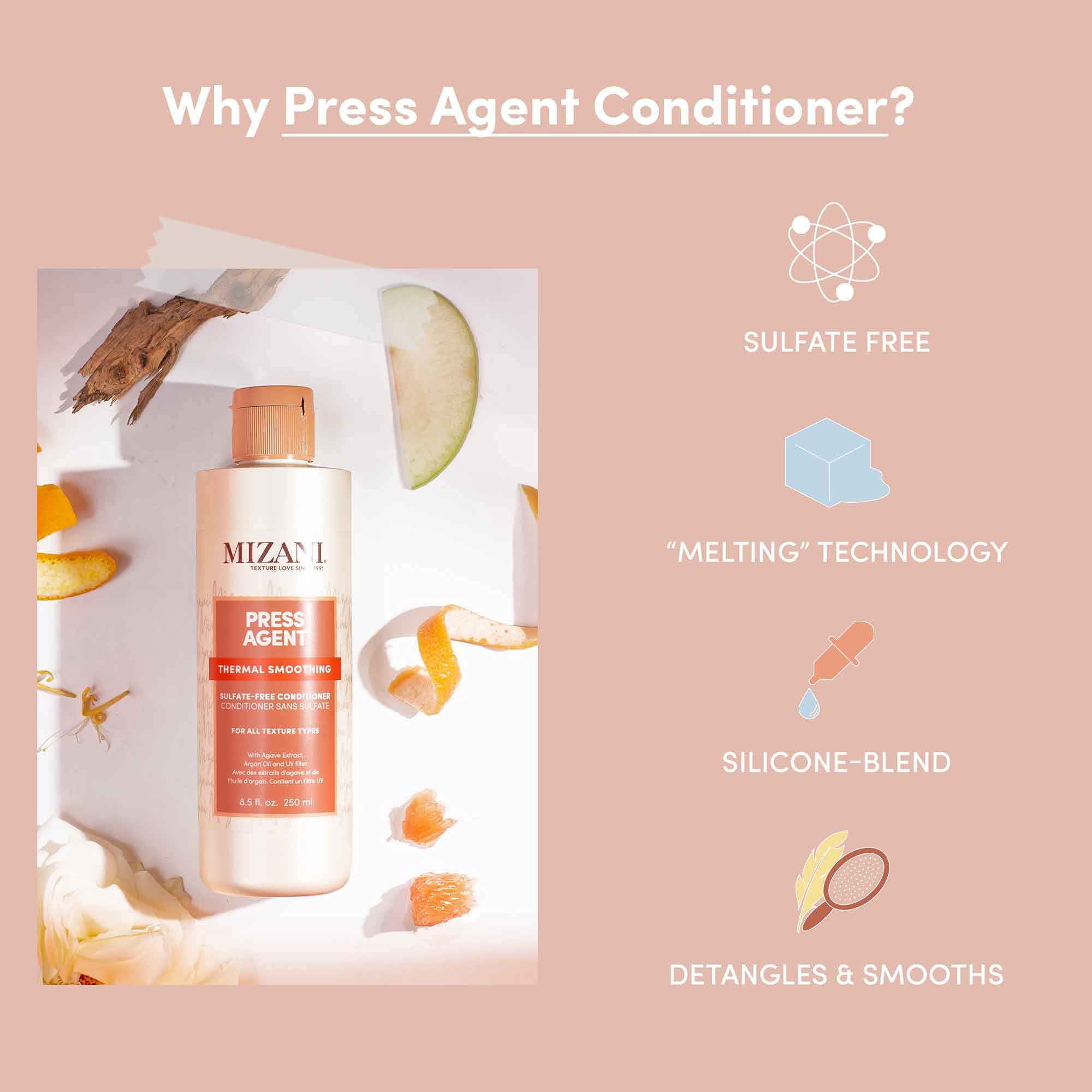 Applying Mizani Press Agent to damp hair to reduce frizz