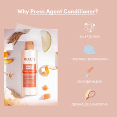 Applying Mizani Press Agent to damp hair to reduce frizz