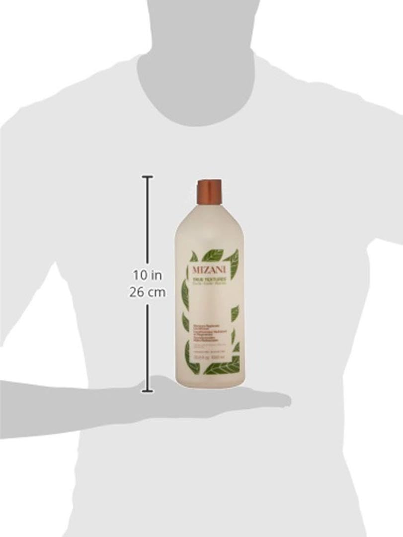 Mizani bottle scale with hand to show 33.8 fl oz size for value and longevity