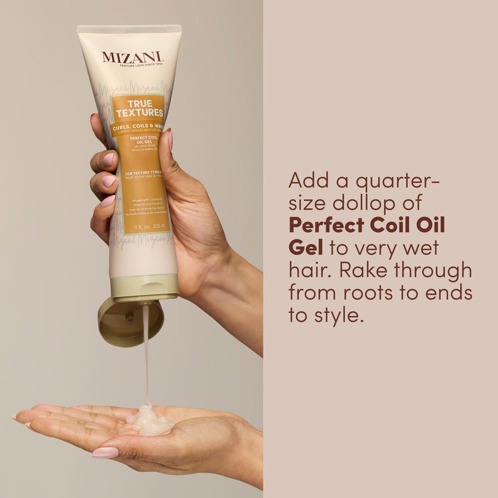 Mizani being applied to wet curly hair for improved definition and moisture