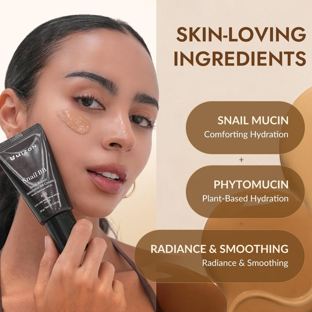 MIZON model applying BB cream, demonstrating natural finish and protection