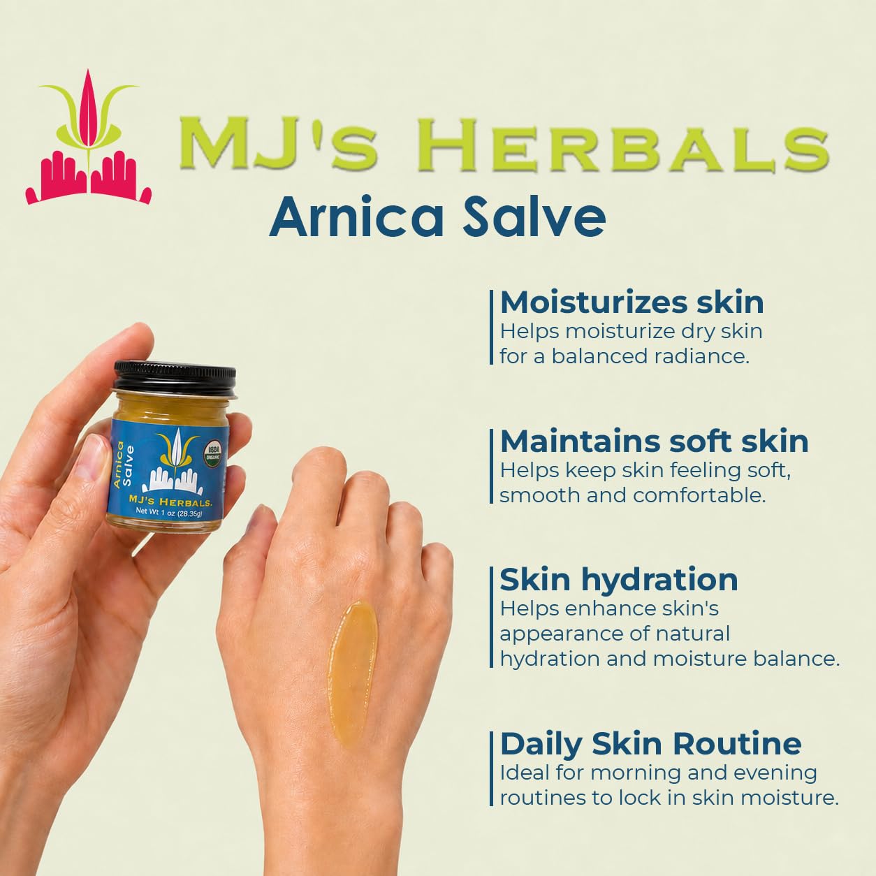 MJ's Herbals arranged ingredients showing arnica, olive oil, beeswax clarity