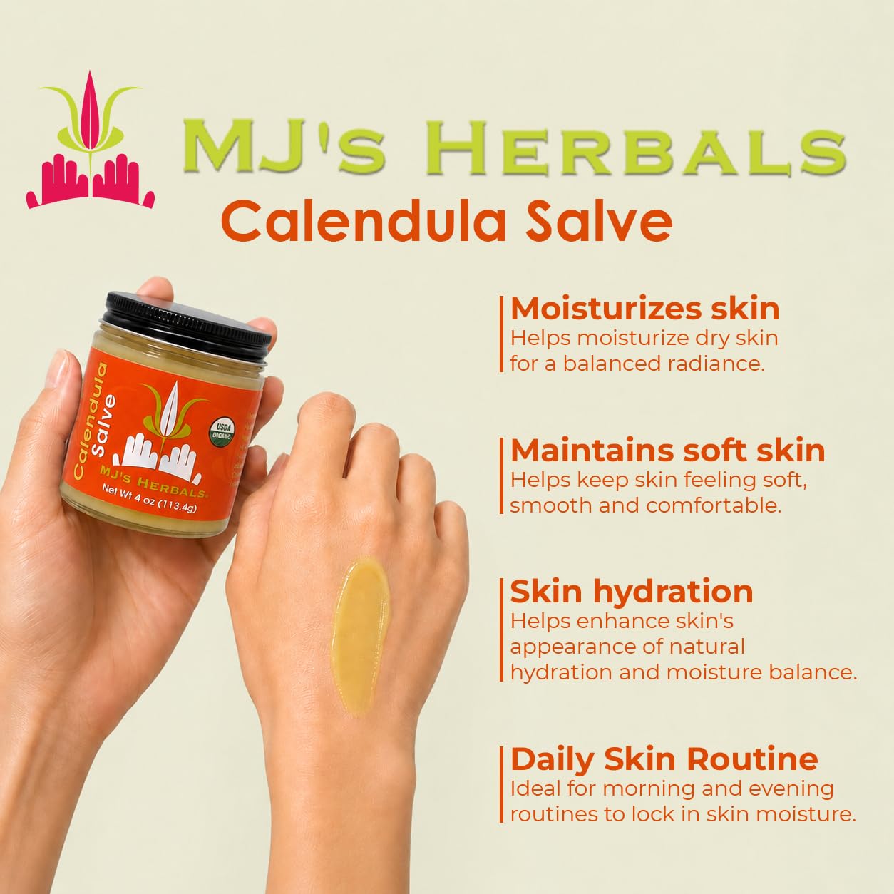 MJ's Herbals calendula-infused oil with blossoms emphasizing botanical nourishment