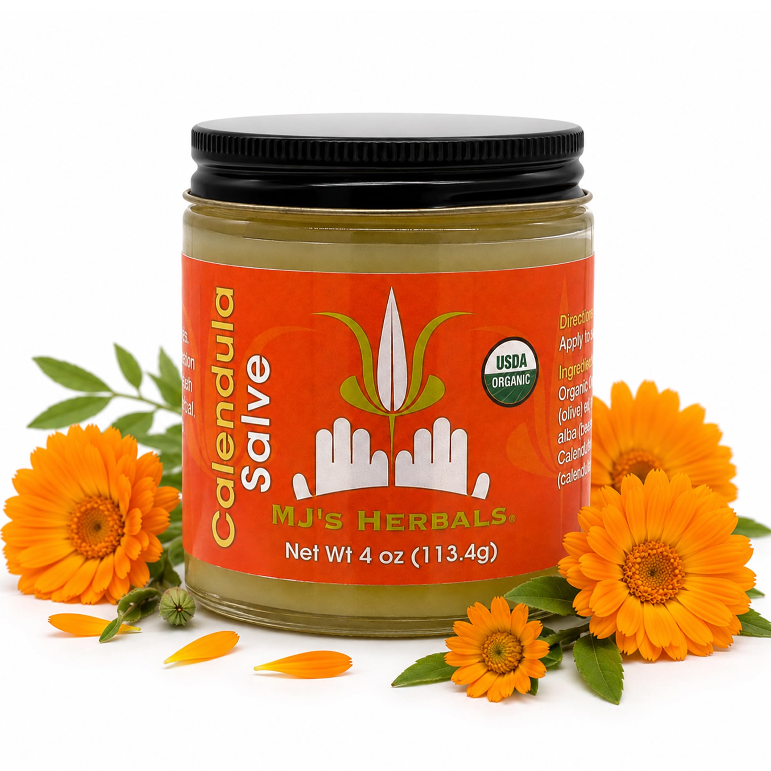 MJ's Herbals front jar showing product and organic branding for clear identification
