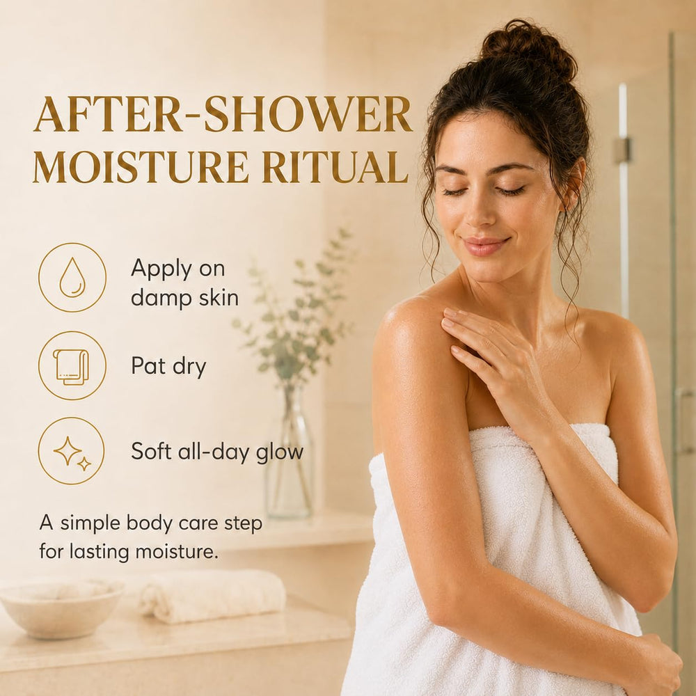 MKSUVGQ bottle by bath and towel, suggesting a relaxing after-shower ritual