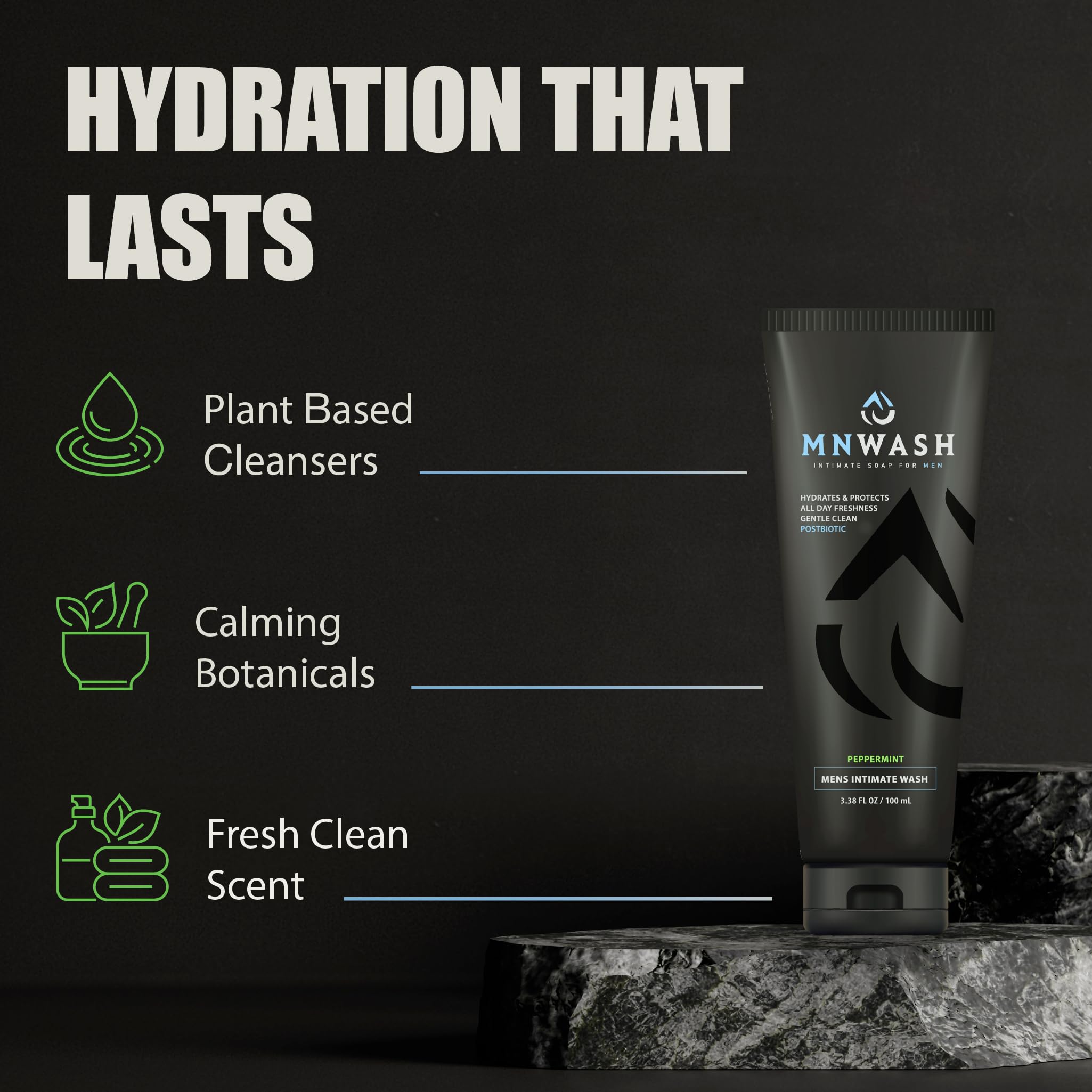 MNWASH on shower shelf lifestyle scene emphasizing daily routine freshness