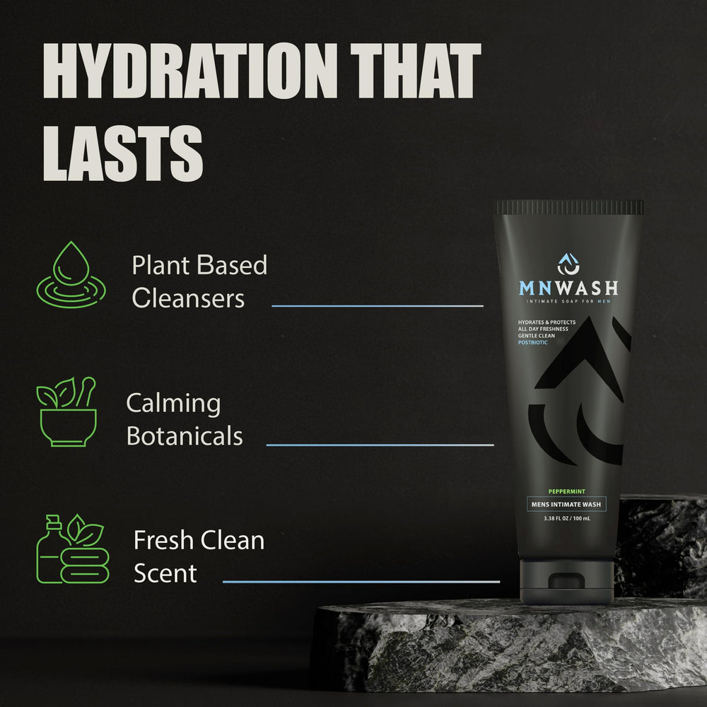 MNWASH on shower shelf lifestyle scene emphasizing daily routine freshness
