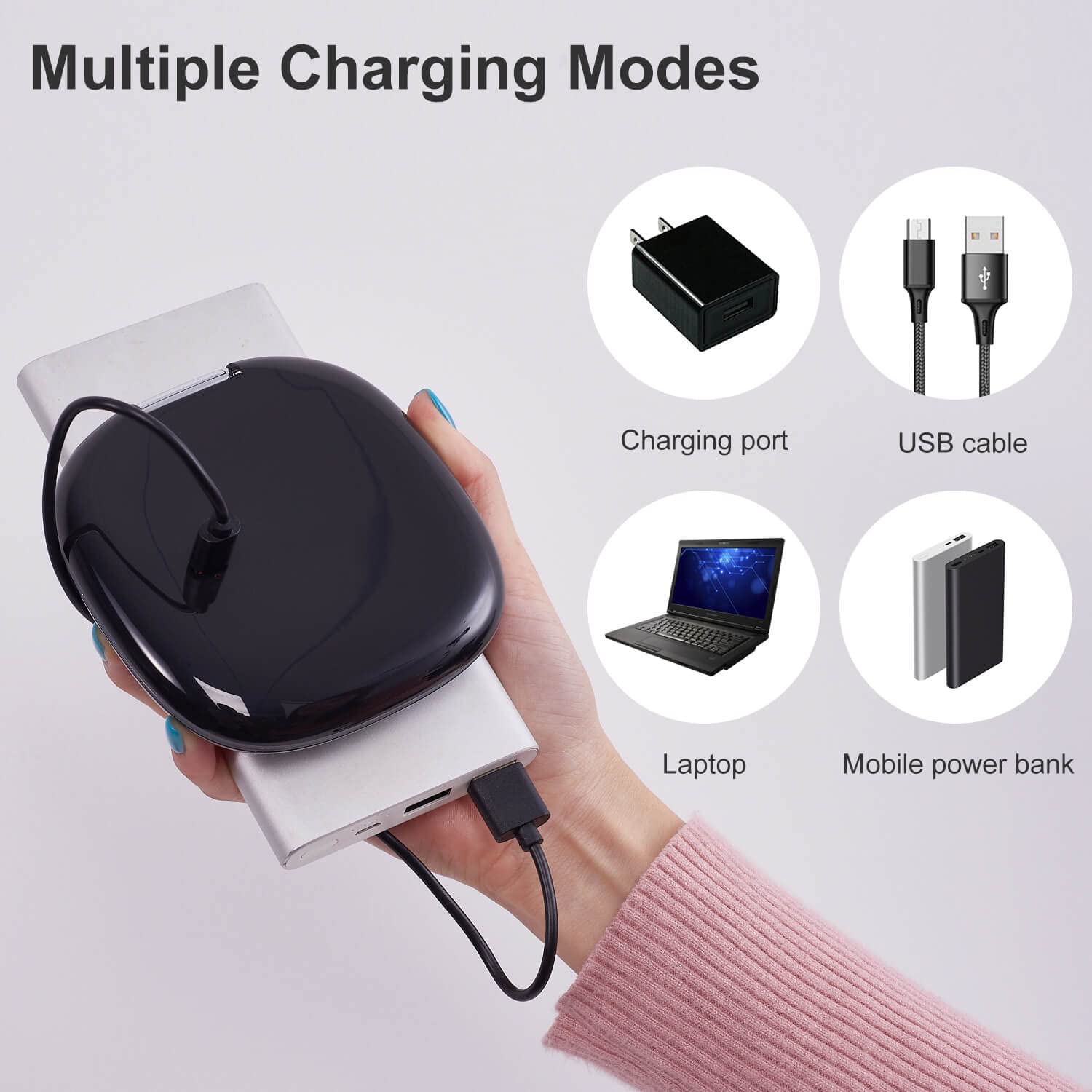 Mocado connected to USB cable showing fast rechargeable convenience