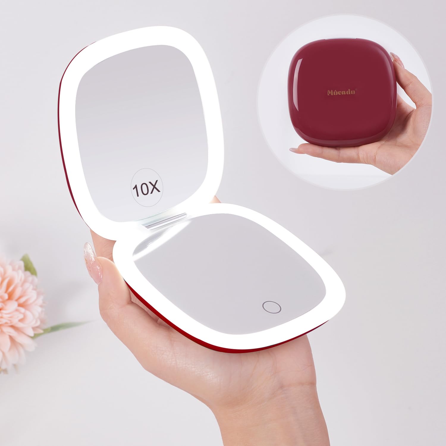 Mocado front view showing both mirrors and compact design for portable beauty