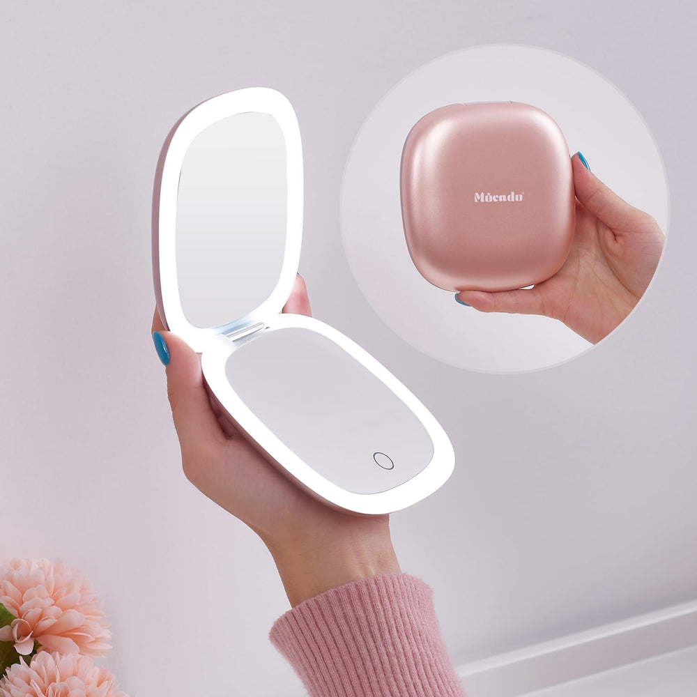 Mocado front view of compact mirror showing double-sided design and LED ring for clear lighting