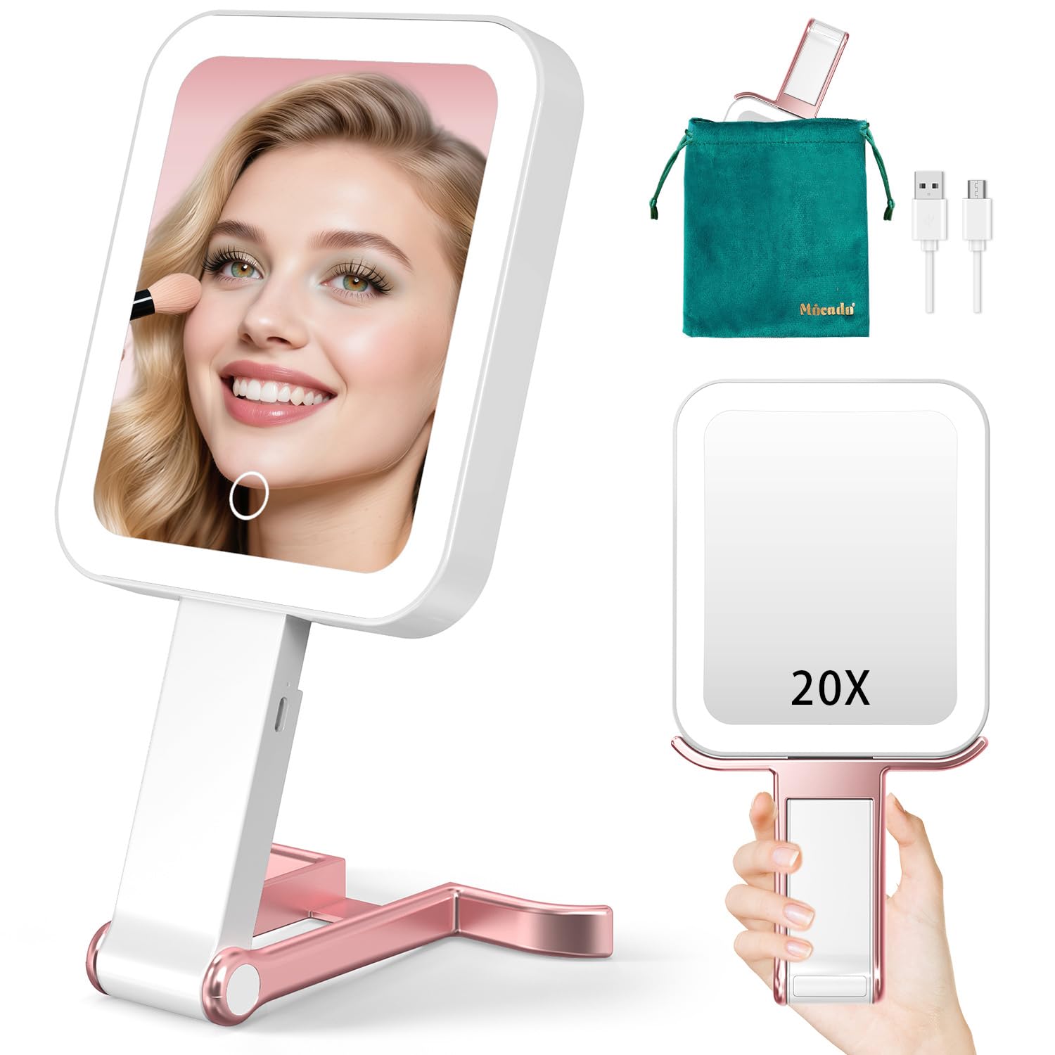 Mocado front view rose gold mirror shows sleek design and easy portability